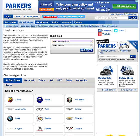 Parkers used car prices web page