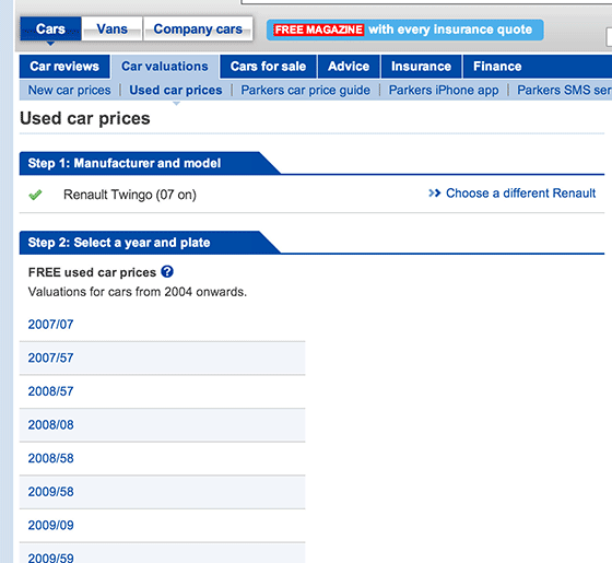 Parkers used car prices - select the version of the car model