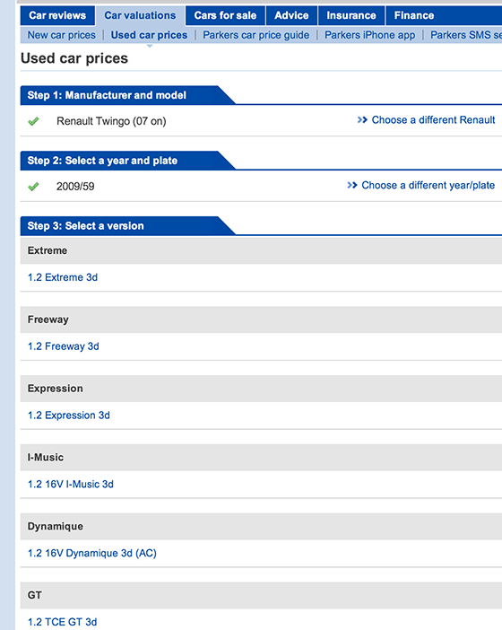 Parkers used car prices - select the version of the car model