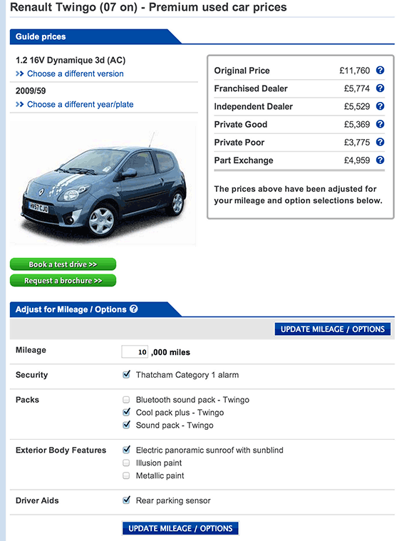 Parkers car valuation screen with adjustments enabled